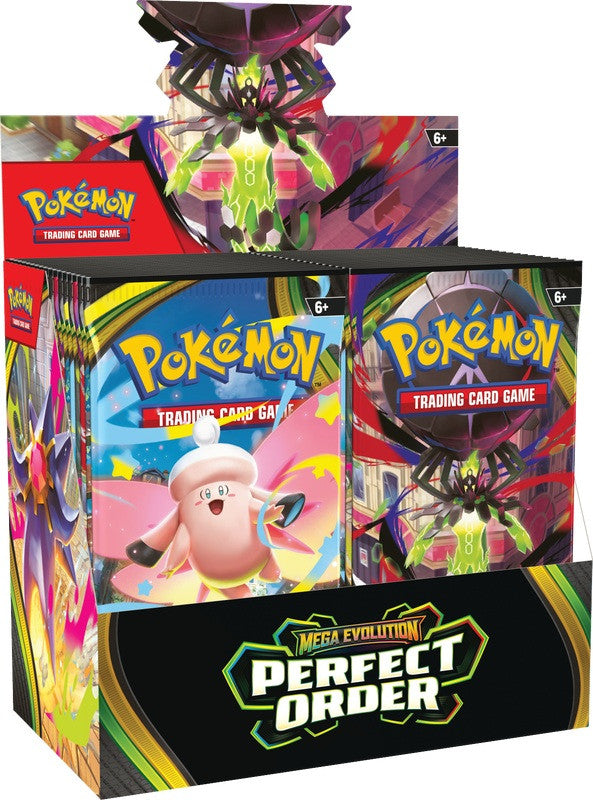 Pokémon Trading Card Game Mega Evolution Perfect Order display box with two booster packs shown in front and a character illustration above on a white background.
