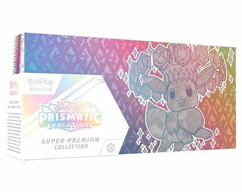 Pokémon Prismatic Evolutions Super-Premium Collection card box featuring a holographic rainbow gradient design with a gray Primal G illustration on the front.